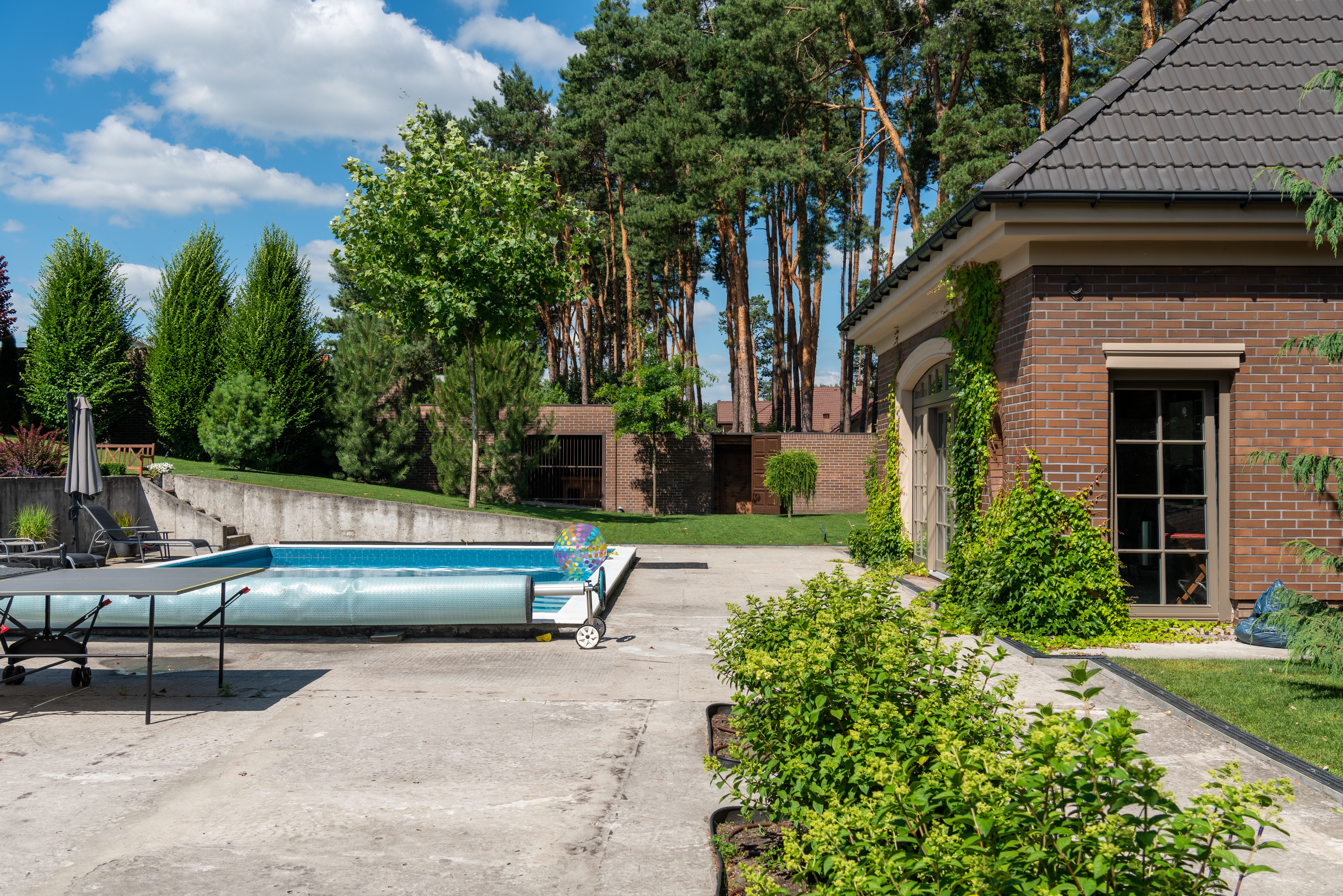 Suburban home with a private backyard swimming pool surrounded by greenery